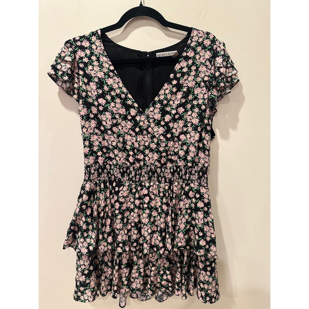Alice + Olivia Women's Mariska Floral Ruffle Romper Sz 14 Skort Dress Black Lux